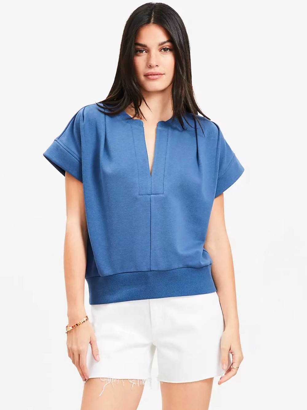 LOFT Pleated V-Neck Blue Sweatshirt Top Women’s Medium
